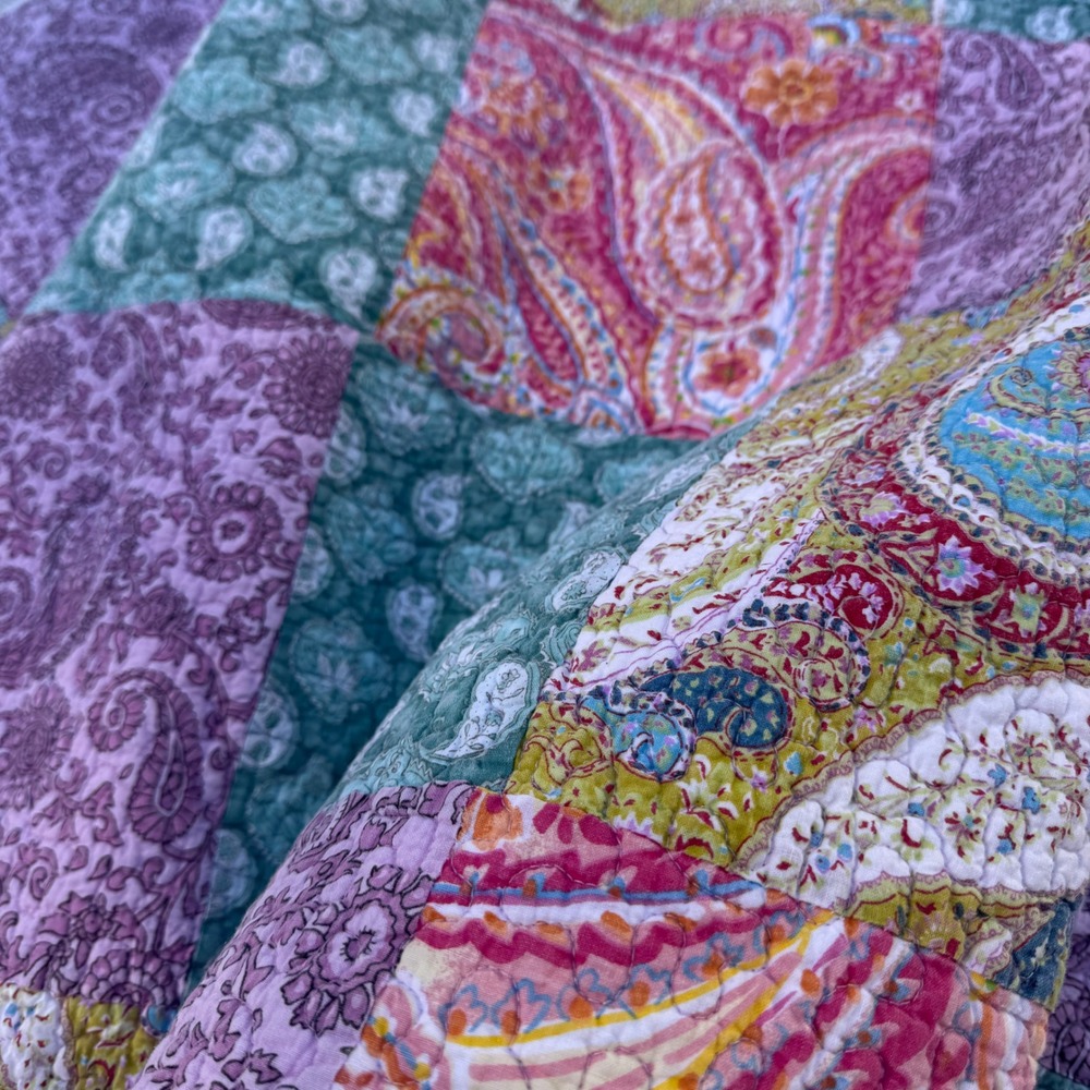 Cynthia Rowley Quilt Set Full Queen Purple Pink Paisley Patchwork 3pc Cotton - Picture 13 of 16